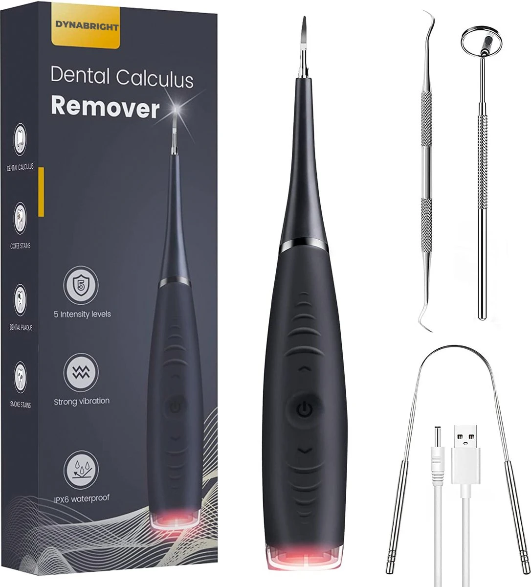 DynaBright Elektrische Tandsteen Verwijderaar - 5 Standen - 5 Delig - Incl. Professionele Tandarts Set - Tandplak - Zwart - Tong Schraper - USB - Tand Verzorging 3 DynaBright Elektrische Tandsteen Verwijderaar - 5 Standen - 5 Delig - Incl. Professionele Tandarts Set - Tandplak - Zwart - Tong Schraper - USB - Tand Verzorging