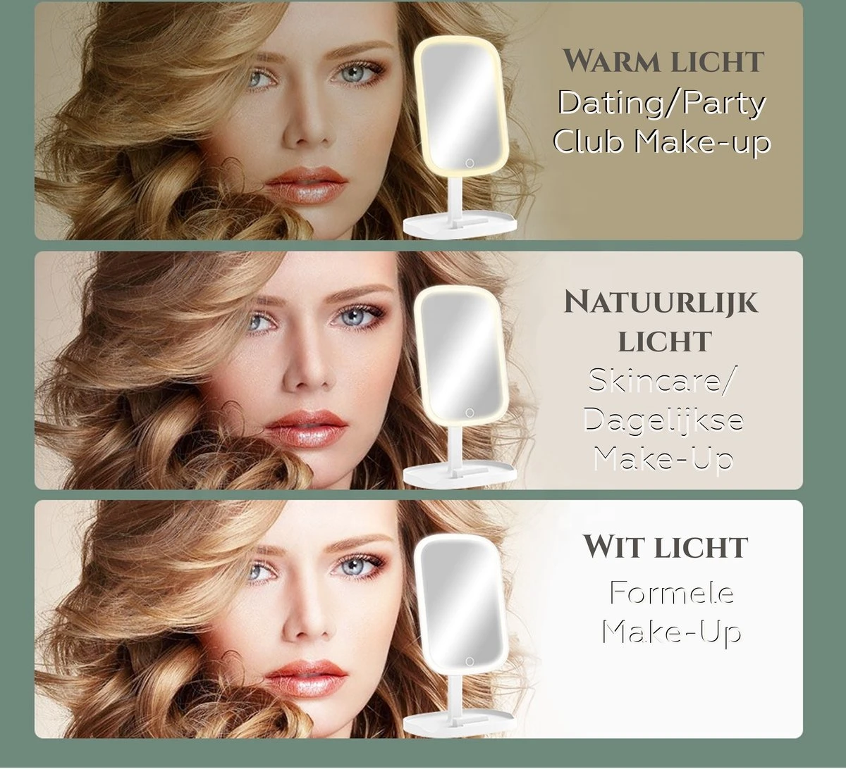 HighHome - Make Up Spiegel Met Led Verlichting - Inclusief 10x Spiegel - 3 Warmtes - 360 °C Draaibaar 3 HighHome - Make Up Spiegel Met Led Verlichting - Inclusief 10x Spiegel - 3 Warmtes - 360 °C Draaibaar - Afbeelding 2