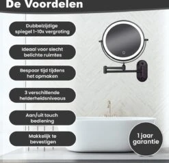 Make Up - Spiegel - Led Verlichting - 10X Vergroting - 3 Lichtstanden - Wandspiegel Rond - Badkamer - Mat Zwart - Draadloos -Cosmetica Winkel 1200x1160