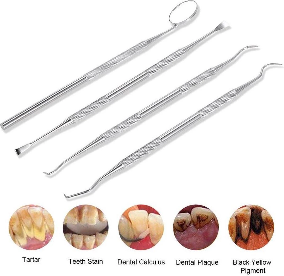 Compleet Tandarts Setje –4 Stuks Tandsteenhaakje – Tandartshaakje - Mondspiegel – Tandarts Gereedschap – Mondverzorging – Stainless Steel 8 Compleet Tandarts Setje –4 Stuks Tandsteenhaakje – Tandartshaakje - Mondspiegel – Tandarts Gereedschap – Mondverzorging – Stainless Steel - Afbeelding 6