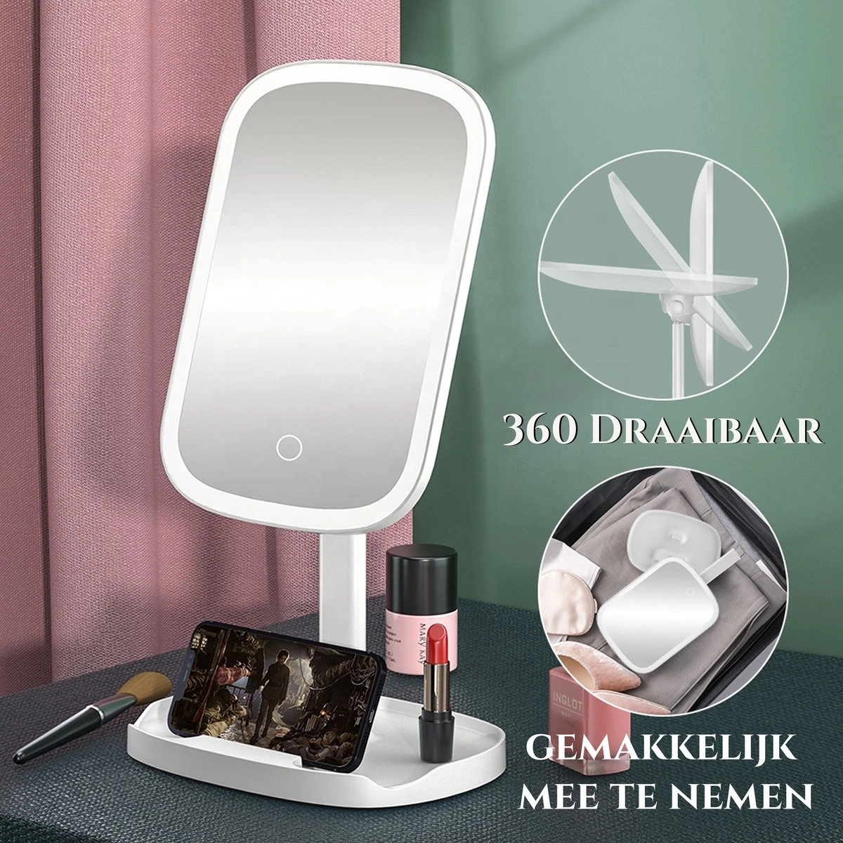 HighHome - Make Up Spiegel Met Led Verlichting - Inclusief 10x Spiegel - 3 Warmtes - 360 °C Draaibaar 5 HighHome - Make Up Spiegel Met Led Verlichting - Inclusief 10x Spiegel - 3 Warmtes - 360 °C Draaibaar - Afbeelding 4