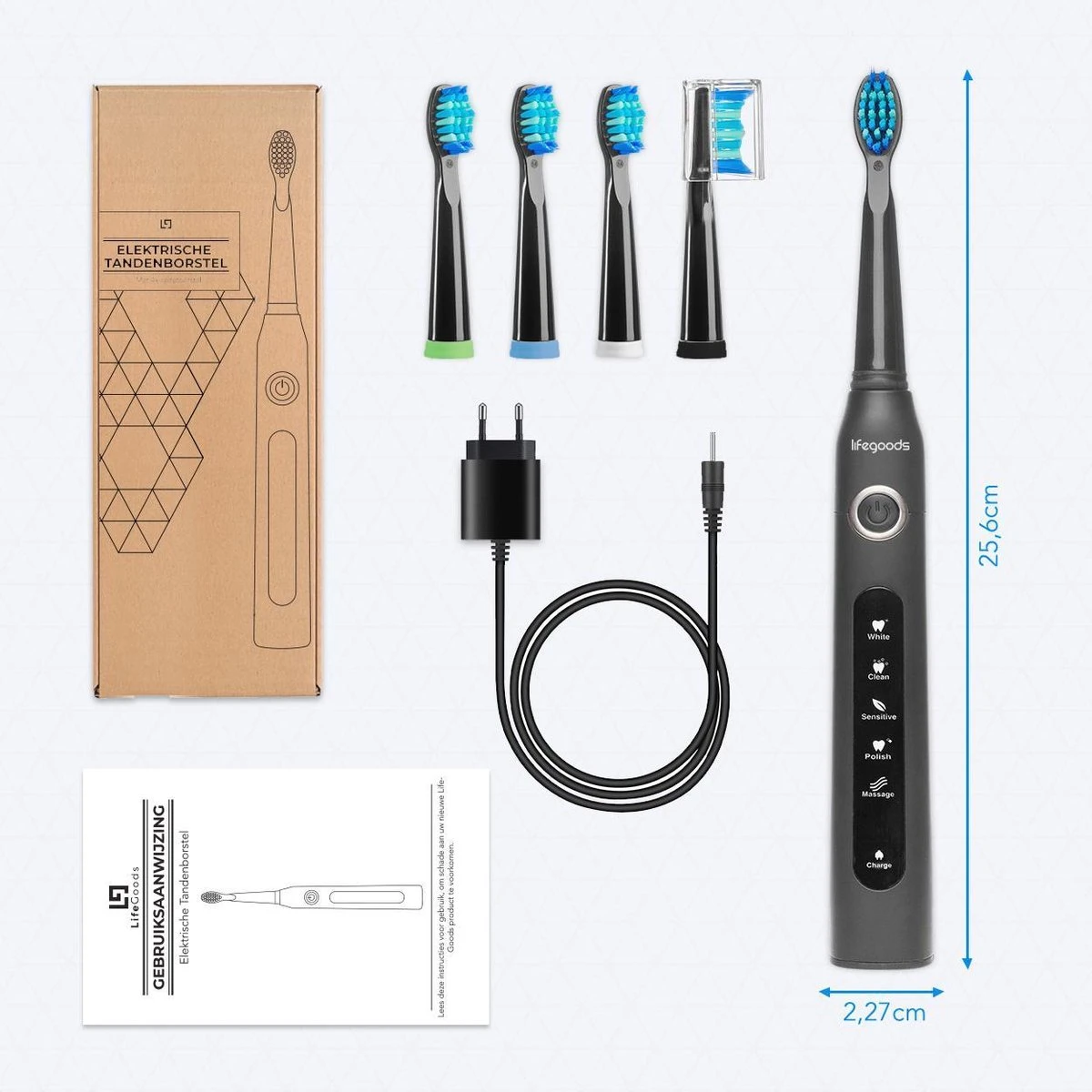 LifeGoods Elektrische Tandenborstel - Oplaadbaar - Veilig Voor Douche - 4 Opzetborstels - Zwart 5 LifeGoods Elektrische Tandenborstel - Oplaadbaar - Veilig Voor Douche - 4 Opzetborstels - Zwart - Afbeelding 3