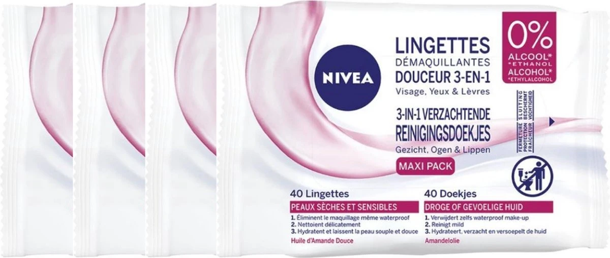Nivea 3 In 1 Verzachtende Reinigingsdoekjes - Droge En Gevoelige Huid - Zonder Alcohol - 4 X 40 Stuks 3 Nivea 3 In 1 Verzachtende Reinigingsdoekjes - Droge En Gevoelige Huid - Zonder Alcohol - 4 X 40 Stuks