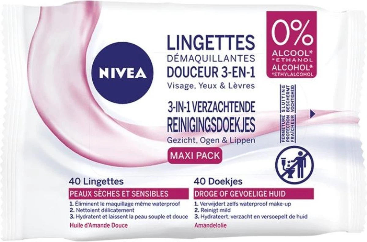 Nivea 3 In 1 Verzachtende Reinigingsdoekjes - Droge En Gevoelige Huid - Zonder Alcohol - 4 X 40 Stuks 4 Nivea 3 In 1 Verzachtende Reinigingsdoekjes - Droge En Gevoelige Huid - Zonder Alcohol - 4 X 40 Stuks - Afbeelding 2