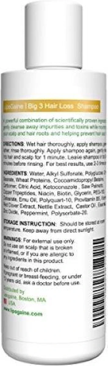 Lipogaine Big 3 Haargroei Shampoo-tegen Haaruitval- Anti Roos- Met 1% Ketoconazol En Biotine- 230 Ml 4 Lipogaine Big 3 Haargroei Shampoo-tegen Haaruitval- Anti Roos- Met 1% Ketoconazol En Biotine- 230 Ml - Afbeelding 2