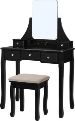 Merkloos Kaptafel, Kaptafel Met Grote Spiegel Zonder Frame, Toilettafel, Kaptafel, Voor Make-up, Gewatteerde Kruk, 5 Laden, Verplaatsbare Opbergdoos, Zwart RDT25BK -Cosmetica Winkel 747x1200