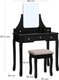 Merkloos Kaptafel, Kaptafel Met Grote Spiegel Zonder Frame, Toilettafel, Kaptafel, Voor Make-up, Gewatteerde Kruk, 5 Laden, Verplaatsbare Opbergdoos, Zwart RDT25BK -Cosmetica Winkel 888x1200